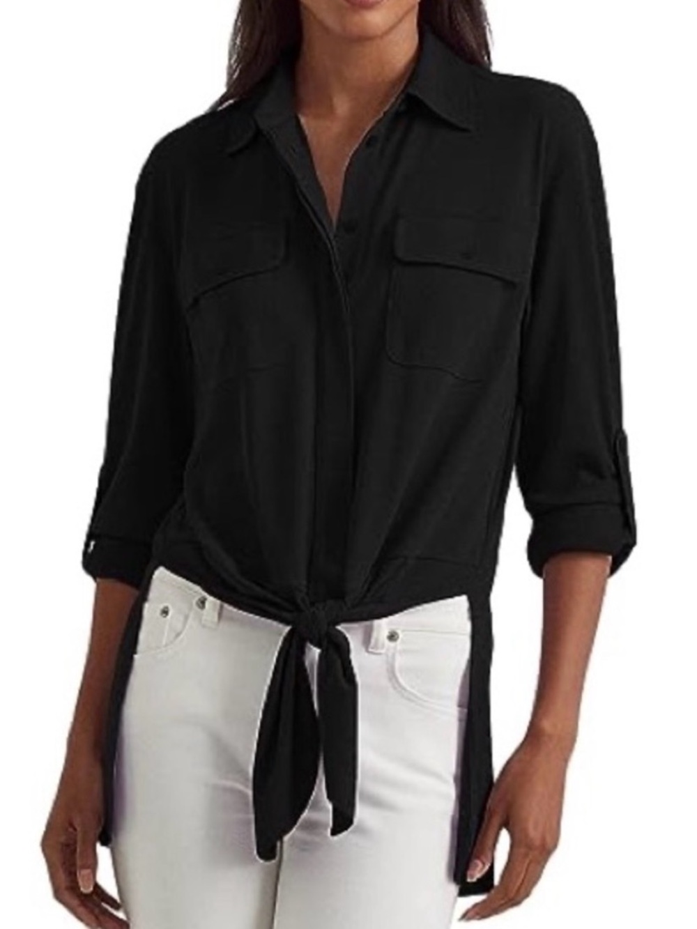 Lauren Ralph Lauren Tie-Front Stretch Jersey Shirt Black Size L